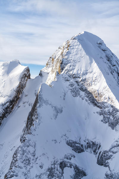 Aerial view of Gran Vernel peak covered with snow, Marmolada group, Dolomites, Trentino-Alto Adige, Italy