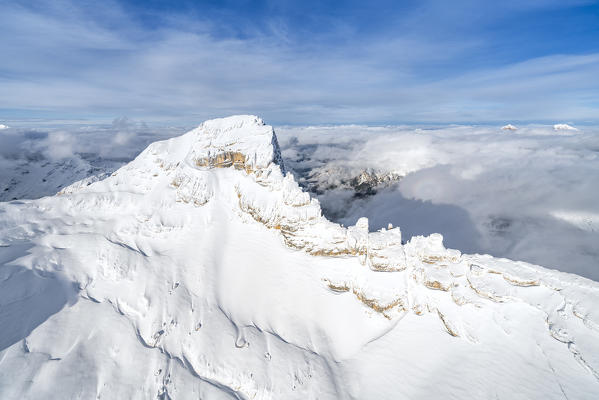 Aerial view of Monte Pelmo covered with snow, Dolomites, Belluno province, Veneto, Italy