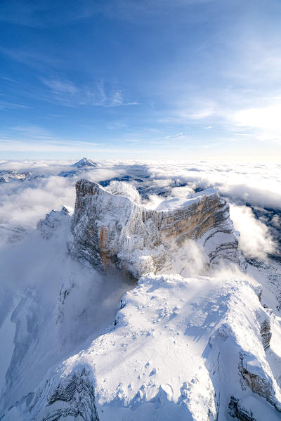 Sun shining over Monte Pelmo in winter, aerial view,  Dolomites, Belluno province, Veneto, Italy