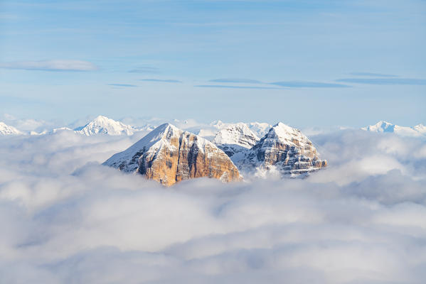 Aerial view of Tofane group in a sea of clouds, Dolomites, Belluno province, Veneto, Italy