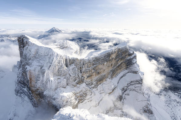 Rock face of majestic Monte Pelmo in winter, aerial view, Dolomites, Belluno province, Veneto, Italy