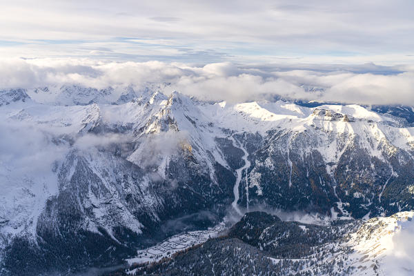 Aerial view of Cima Colac, Penia and Alba of Canazei, Val di Fassa, Dolomites, Trentino-Alto Adige, Italy