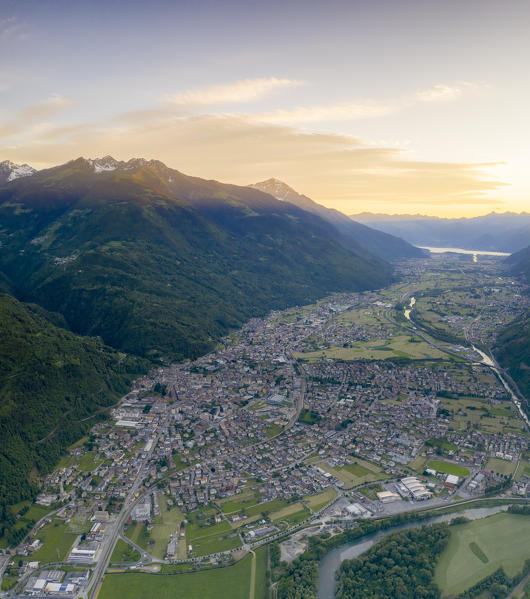 Aerial panoramic of Morbegno and Orobie Alps at sunset,Valtellina, Sondrio province, Lombardy, Italy