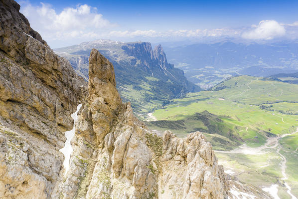 Aerial view of Denti di Terrarossa (Rosszahne), Alpe di Siusi/Seiser Alm and Sciliar massif, Dolomites, South Tyrol, Italy