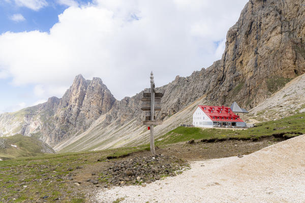 The Alpe di Tires hut (Tierser Alpl), Sciliar-Catinaccio Natural Park, Dolomites, Trentino Alto Adige, Italy