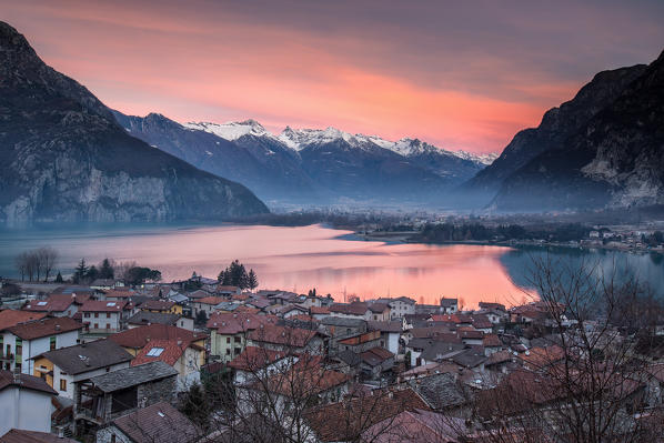 Dawn on the Novate Mezzola lake from the village of Verceia, Valchiavenna, Valtellina Lombardy Italy Europe