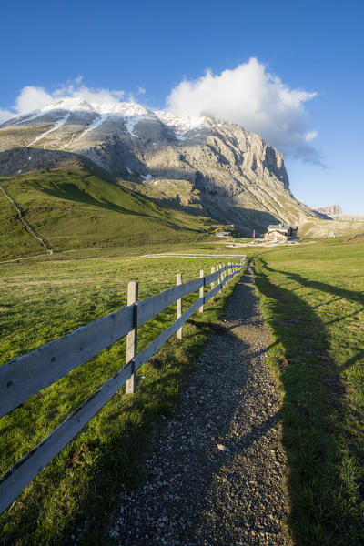 Footpath along green meadows towards Rifugio Sassopiatto, Alpe di Siusi/Seiser Alm, Dolomites, South Tyrol, Italy