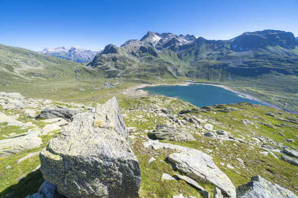 Lake Montespluga, Spluga Pass and mountains of Suretta group view from Mount Cardine, Valchiavenna, Valtellina, Lombardy, Italy