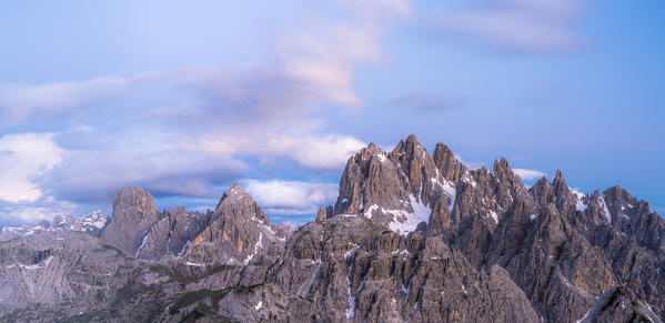 Panoramic of Cadini di Misurina mountain group at sunset in summer, Dolomites, Belluno province, Veneto, Italy