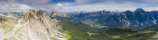 Panoramic of Cima Ambrizzola, Cortina d'Ampezzo, Federa Lake, Sorapiss and Cristallo mountains, Ampezzo Dolomites, Veneto, Italy