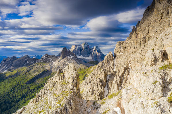 Aerial view of Becco di Mezzodi and Monte Pelmo surrounded by woods in summer, Dolomites, Belluno province, Veneto, Italy