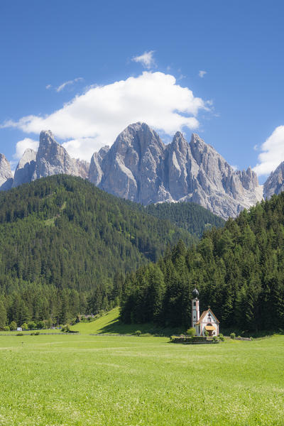 San Giovanni in Ranui church and the Odle peaks in summer, Santa Magdalena, Val di Funes, South Tyrol, Dolomites, Italy