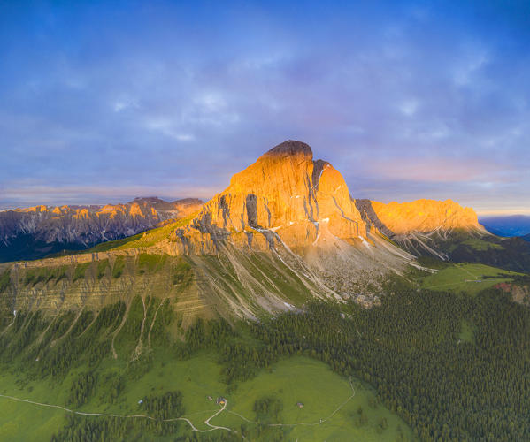 Aerial view of Sass De Putia and Odle di Eores mountains at dawn, Passo Delle Erbe (Wurzjoch), Dolomites, South Tyrol, Italy