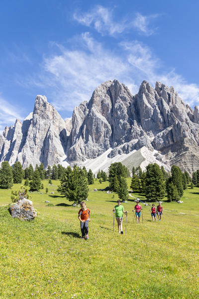 Happy family during a summer hike at Malga Casnago, Puez-Odle nature park, Val di Funes, South Tyrol, Dolomites, Italy