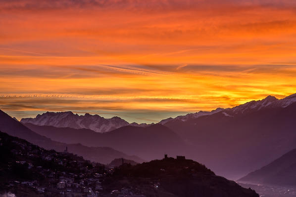 Dawn on Grumello Castle and Adamello Sondrio, Valtellina, Lombardy, Italy Europe