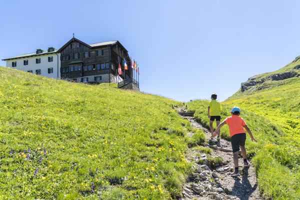 Two cute little brothers boys walking on path to Rifugio Genova hut, Col di Poma, Odle, Funes, South Tyrol, Dolomites, Italy