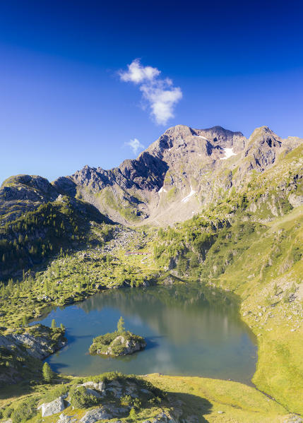 Aerial view of pristine alpine lakes Torena in summer, Orobie Alps, Aprica, Val Belviso, Valtellina, Lombardy, Italy