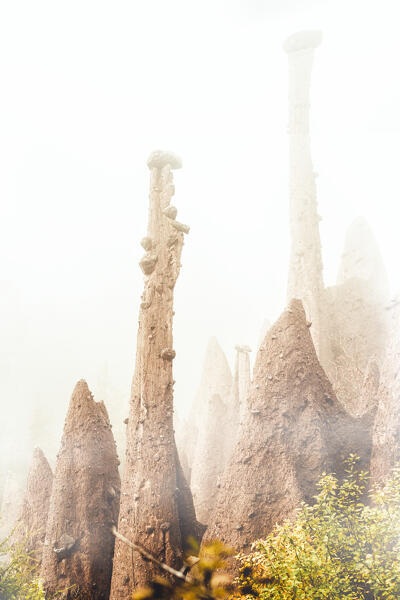 Fog over the earth pyramids pinnacles in autumn, Renon/Ritten, Bolzano, South Tyrol, Italy