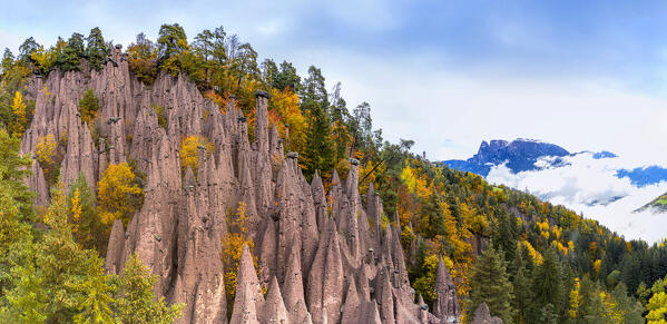 Rock spires of the earth pyramids among the autumn trees, Longomoso, Renon/Ritten, Bolzano, South Tyrol, Italy