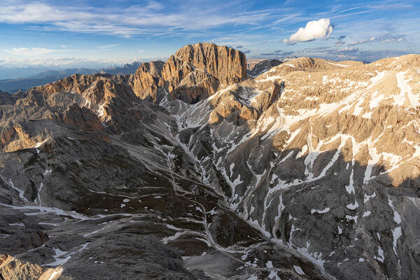 Majestic rocks of Catinaccio d'Antermoia at sunset, aerial view,  Dolomites, South Tyrol, Italy