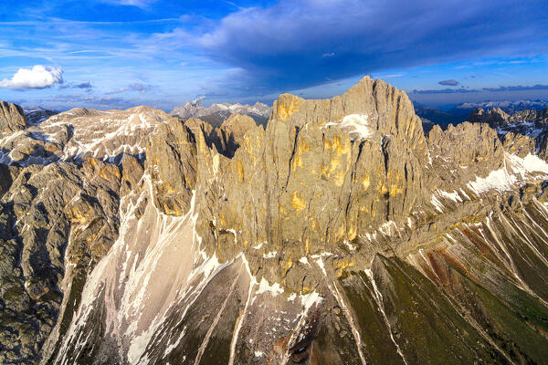 Aerial view of Cima Catinaccio Rosengarten, Torri Del Vajolet mountain peaks, Dolomites, South Tyrol, Italy