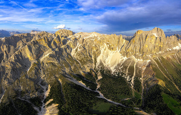 Aerial view of Cima Catinaccio Rosengarten, Torri Del Vajolet and  Catinaccio d'Antermoia peaks, Dolomites, South Tyrol, Italy