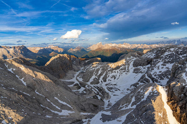 Aerial view of Catinaccio Rosengarten group, Lake Antermoia and Croda Del Lago, Dolomites, South Tyrol, Italy