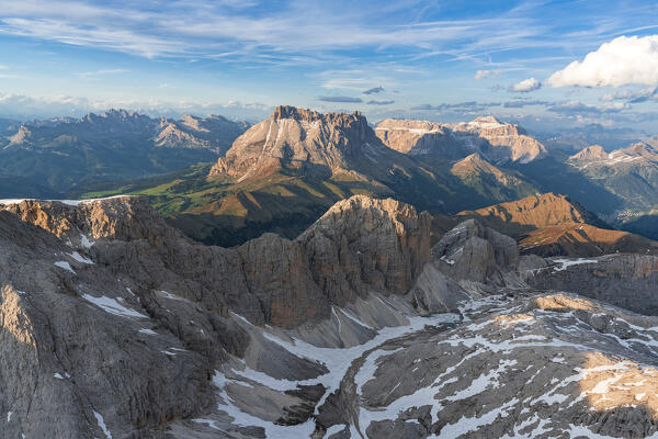 Aerial view of Catinaccio group, Lake Antermoia Croda Del Lago, Sassopiatto and Sella group, Dolomites, South Tyrol, Italy