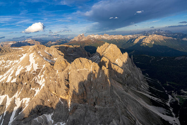 Aerial view of sunset over Catinaccio Rosengarten group, Dolomites, South Tyrol, Italy