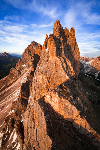 Aerial view of Odle group, Furchetta and Sass Rigais at sunset, Dolomites, South Tyrol, Italy