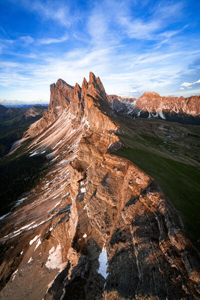 Aerial view of Odle group, Seceda, Furchetta and Sass Rigais at sunset, Dolomites, South Tyrol, Italy