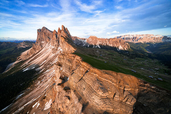 Aerial view of Odle group, Seceda, Sella and Cirspitzen at sunset, Dolomites, South Tyrol, Italy