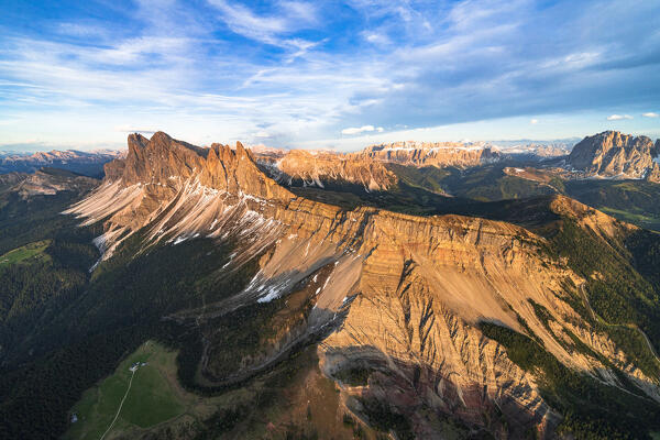 Aerial view of Odle group, Seceda, Sella and Sassolungo at sunset, Dolomites, South Tyrol, Italy