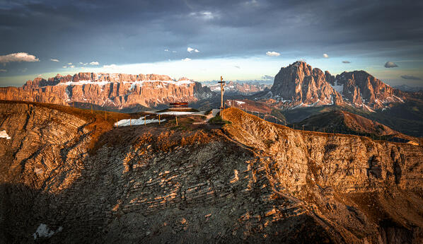 Aerial view of Sassolungo group, Sassopiatto, Sella, Gardena Valley and Seceda at sunset, Dolomites, South Tyrol, Italy