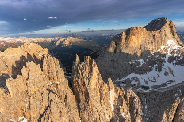 Torri Del Vajolet and Cima Catinaccio at sunset, aerial view, Dolomites, South Tyrol, Italy