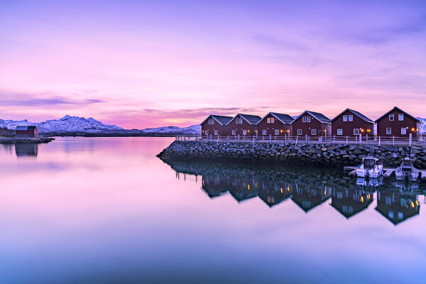 Traditional rorbu cabins mirrored in the cold sea at dawn, Leknes, Nordland county, Lofoten Islands, Norway