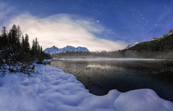 Glowing stars over the frozen lake Entova and snowy forest at night, Valmalenco, Valtellina, Sondrio province, Lombardy, Italy