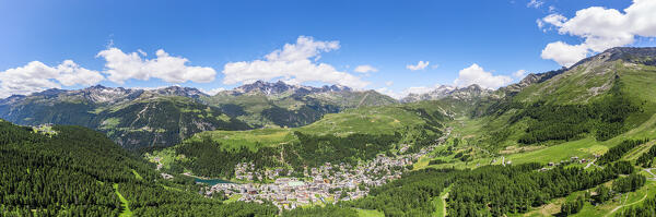 Aerial panoramic of the alpine village of Madesimo in summer, Valle Spluga, Valtellina, Lombardy, Italy