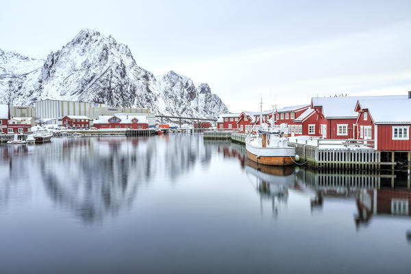 Port of Svollvaer with its characteristic houses on stilts. Lofoten Islands. Norway. Europe