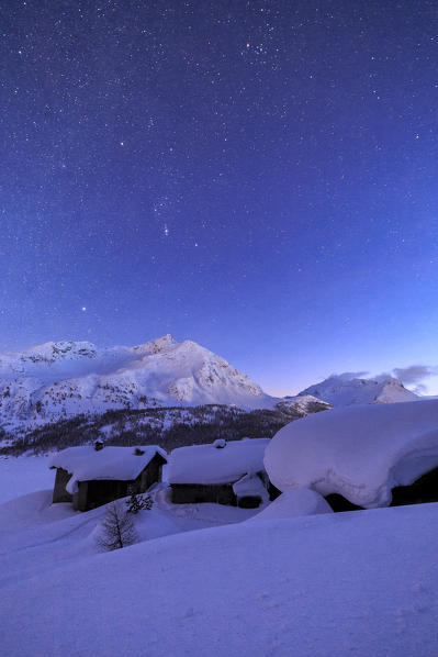 The stars shine above Spluga huts at Maloja Pass. Engadine. Switzerland. Europe