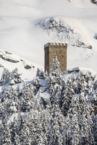 The Belvedere Tower symbol of the Maloja Pass after a heavy snowfall. Engadine. Switzerland. Europe