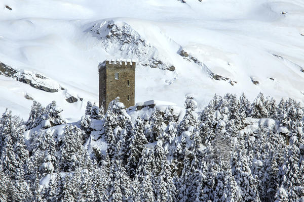 The Belvedere Tower at Maloja Pass after a heavy winter snowfall. Engadine. Switzerland. Europe