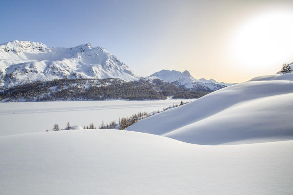 Landscape rounded by heavy snowfall overlooking Piz de la Margna. Canton of Graubunden. Engadine. Switzerland. Europe