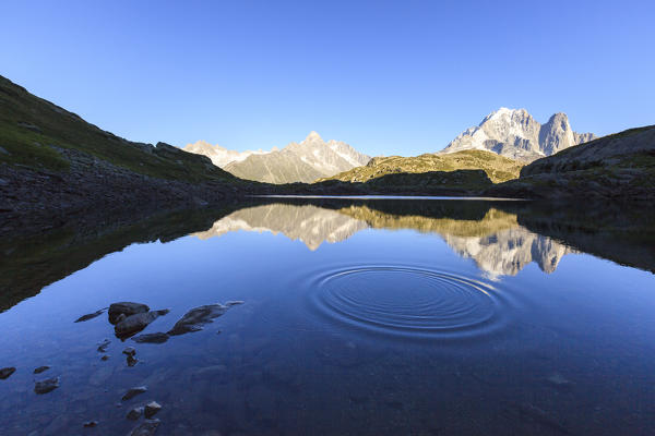 Panorama of the mountain range of Mont Blanc from Lac de Cheserys. Haute Savoie. France Europe