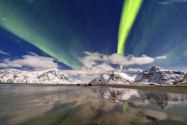 Northern Lights illuminate Skagsanden beach and the snowy peaks. Lofoten Islands Northern Norway Europe