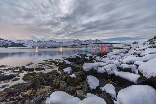 Cloudy sky over a bridge around Gymsøyand. Lofoten Islands Norway Europe