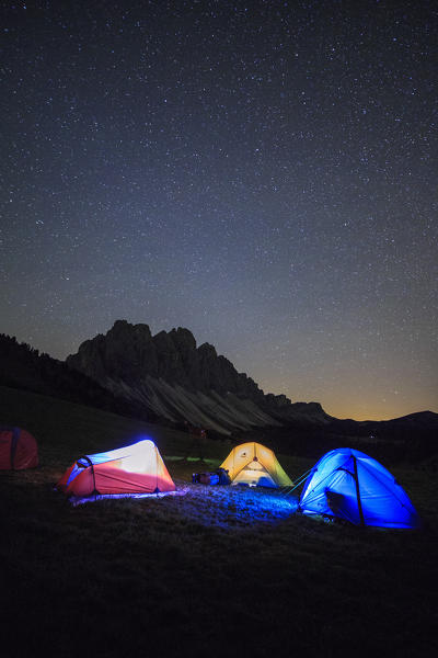 Camping under the stars. Malga Zannes Funes Valley South Tyrol Dolomites Italy Europe