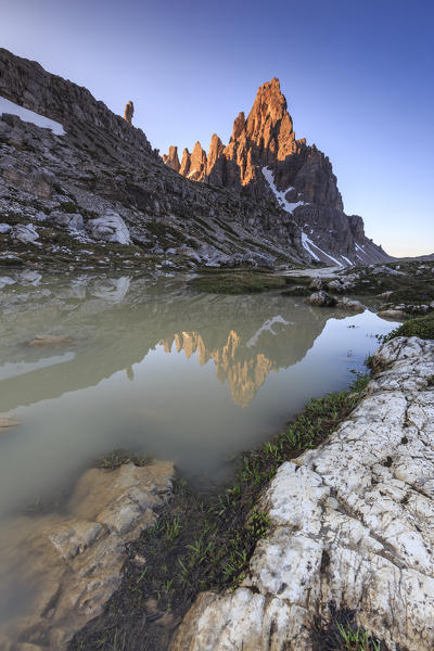 Dawn illuminates Mount Paterno. Sesto Dolomites Trentino Alto Adige Italy Europe