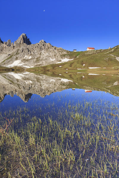 View from Laghi dei Piani of Refuge Locatelli and Mount Paterno. Sesto Dolomites Trentino Alto Adige Italy Europe