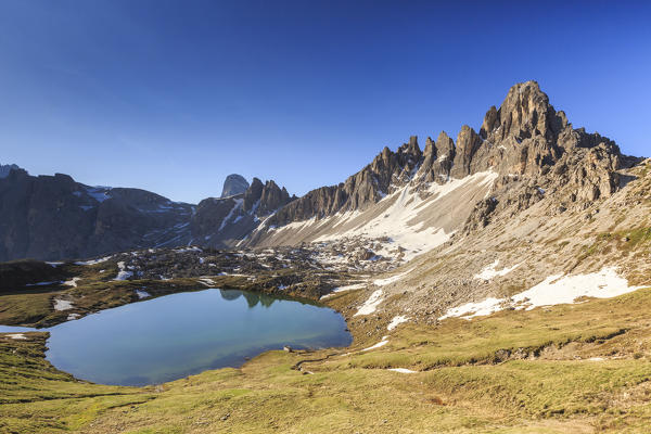 Summer view of Mount Paterno and Laghi dei Piani. Sesto Dolomites Trentino Alto Adige Italy Europe